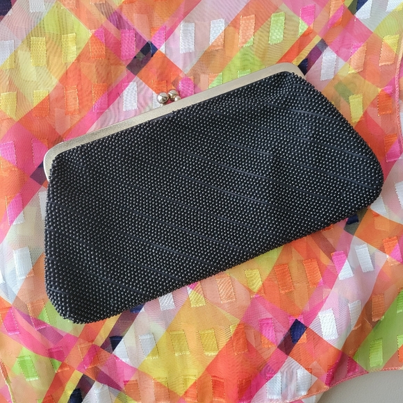 Vintage Handbags - Vintage Beaded Black Clutch Bag Silver Chain Strap ~ 1960? ~ Made in Hong Kong